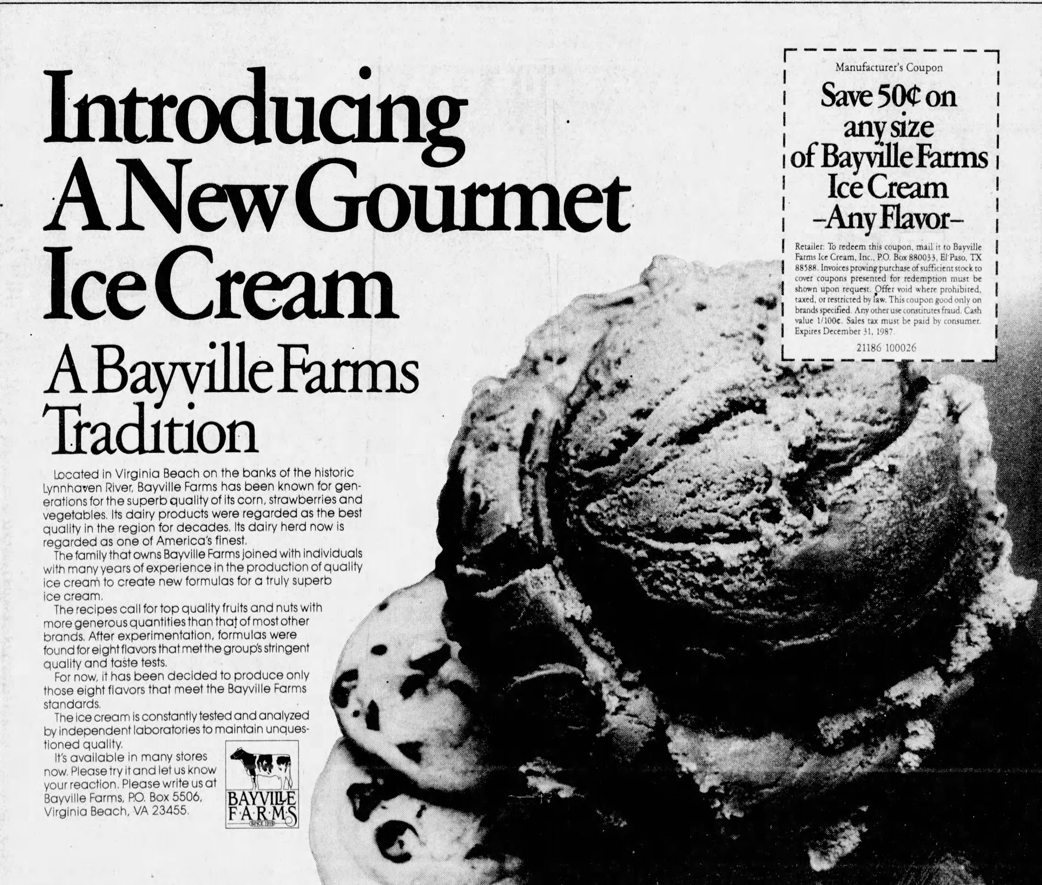 Historic newspaper clipping about Bayville Farms ice cream