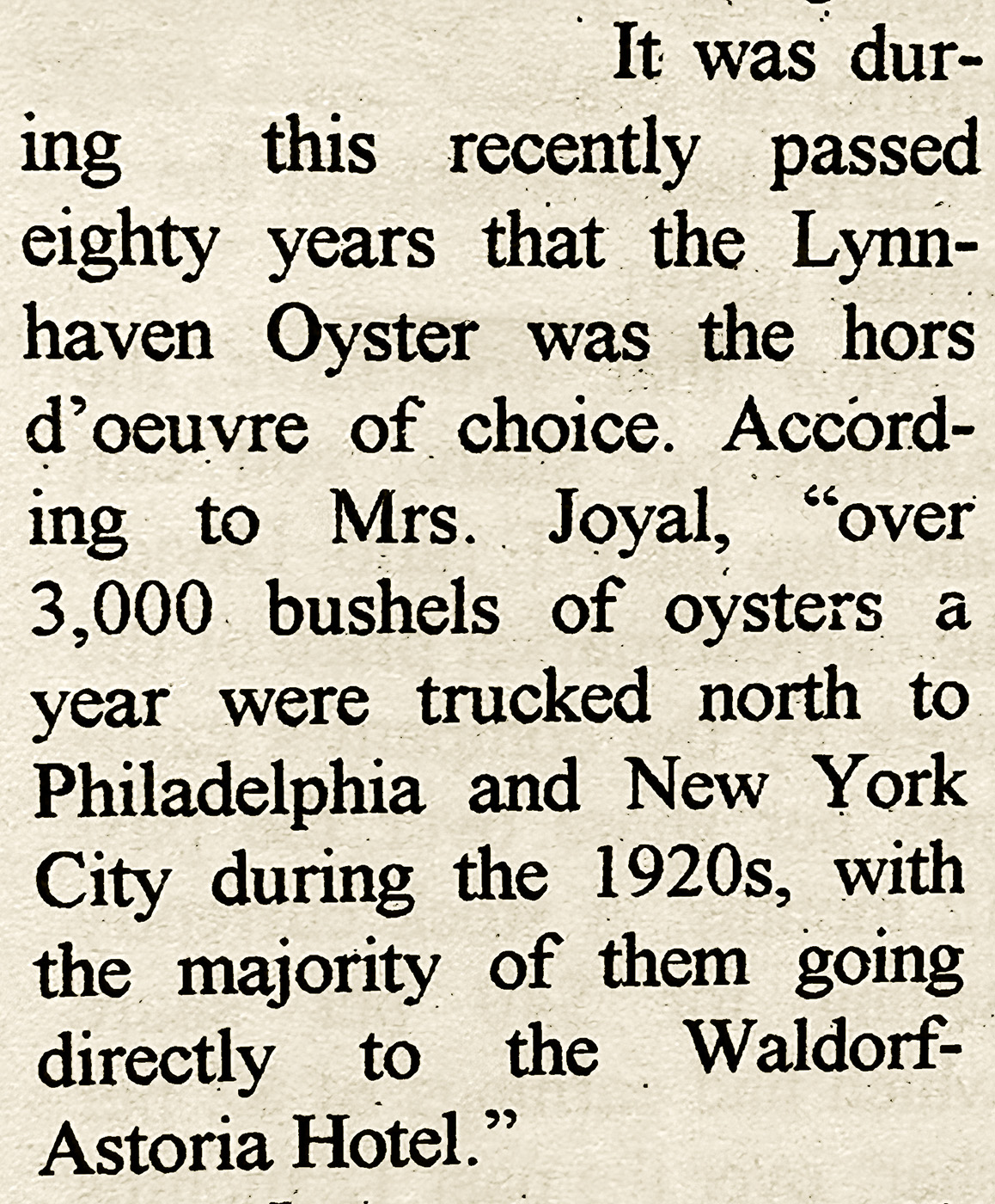 Historic newspaper article about Lynnhaven oysters