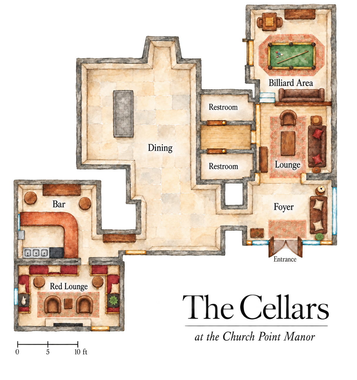 Floor plan of the Cellars showing the entrance, foyer, dining area, bar, Red Lounge, lounge, billiard area, and two restrooms