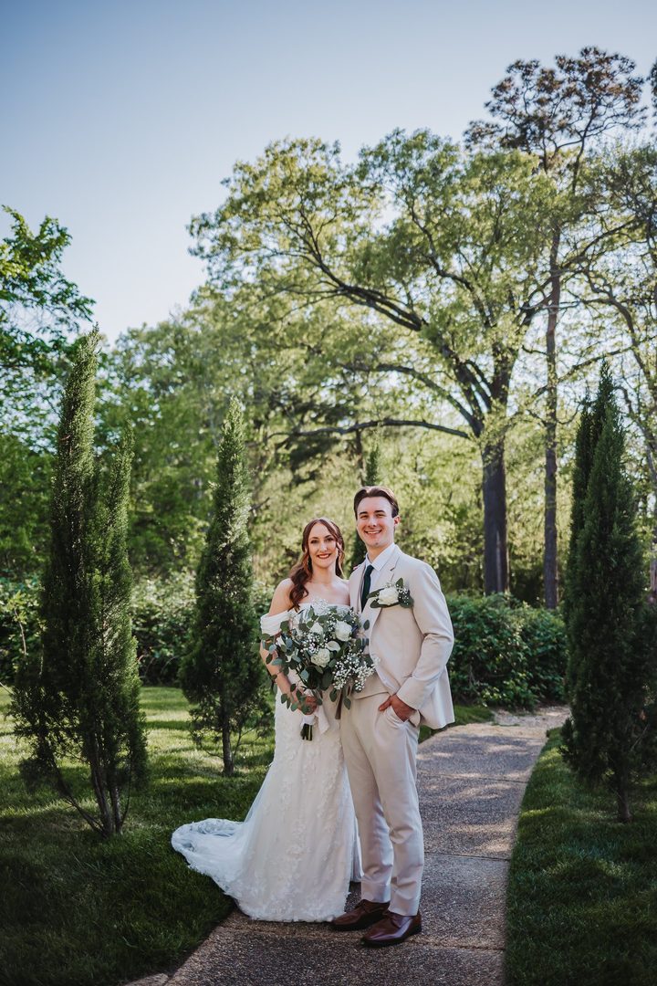 Brooke and Max together on the wooded garden path