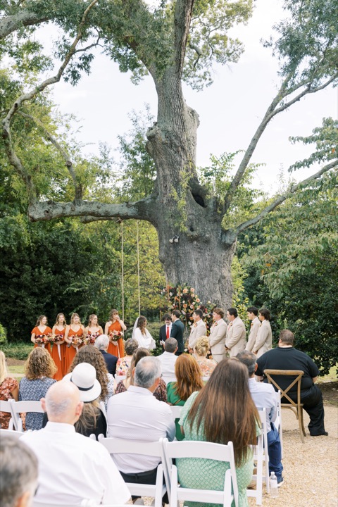 Guests watching Madelynne and Parker’s ceremony beneath the oak