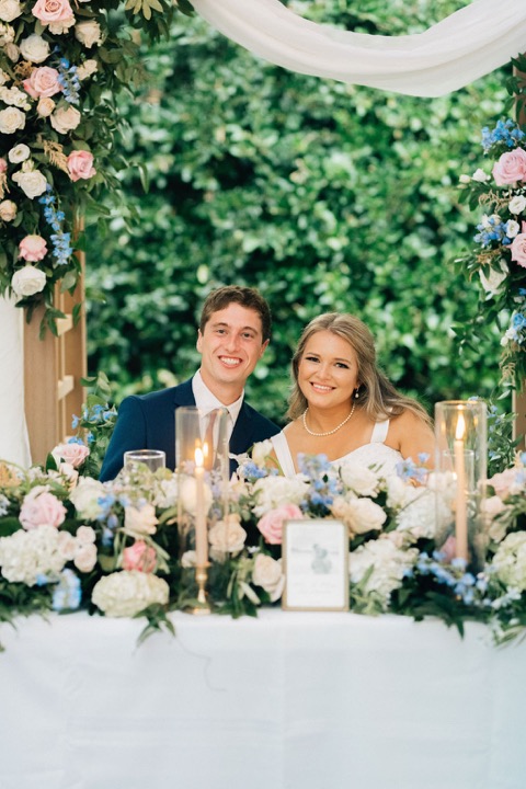 Tyler and Kate seated at their flower-filled reception table